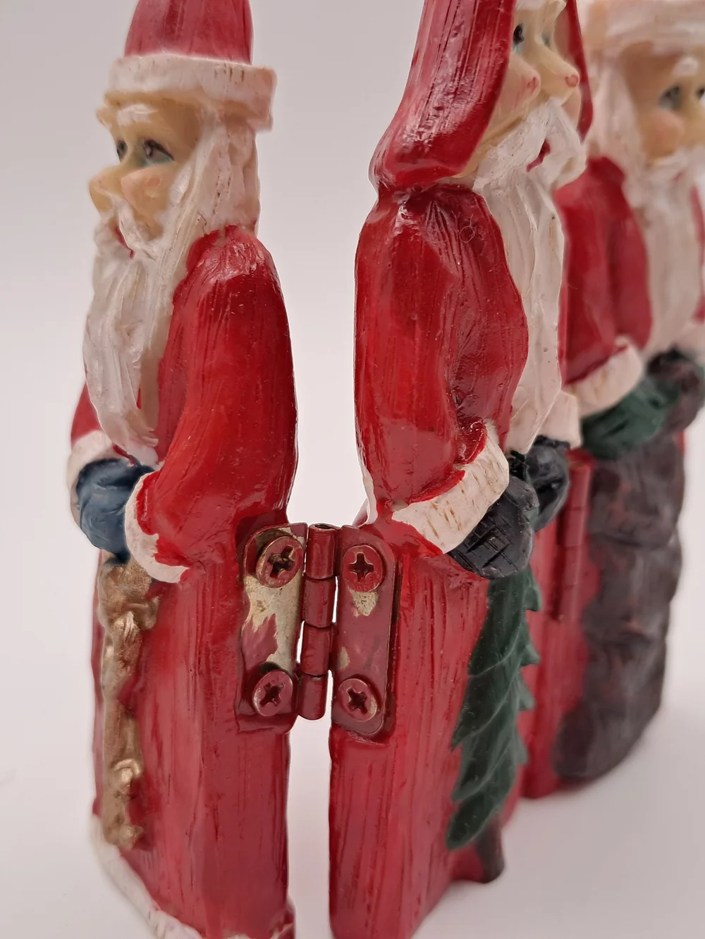 ​Vintage Hand Painted Santa Triptych Hinged Wooden Figurine Set Signed Becky 97